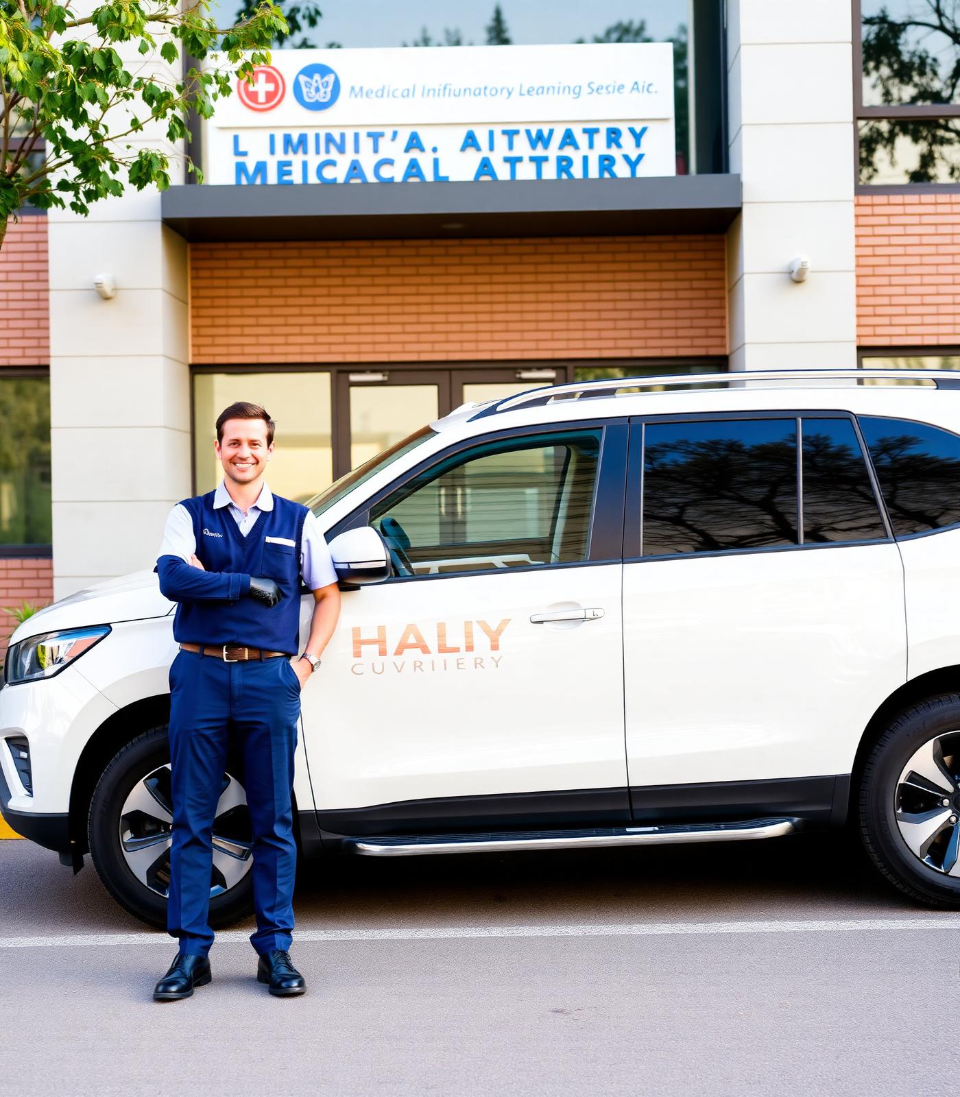 TC Pro Logistics medical courier standing beside their delivery vehicle at a medical facility