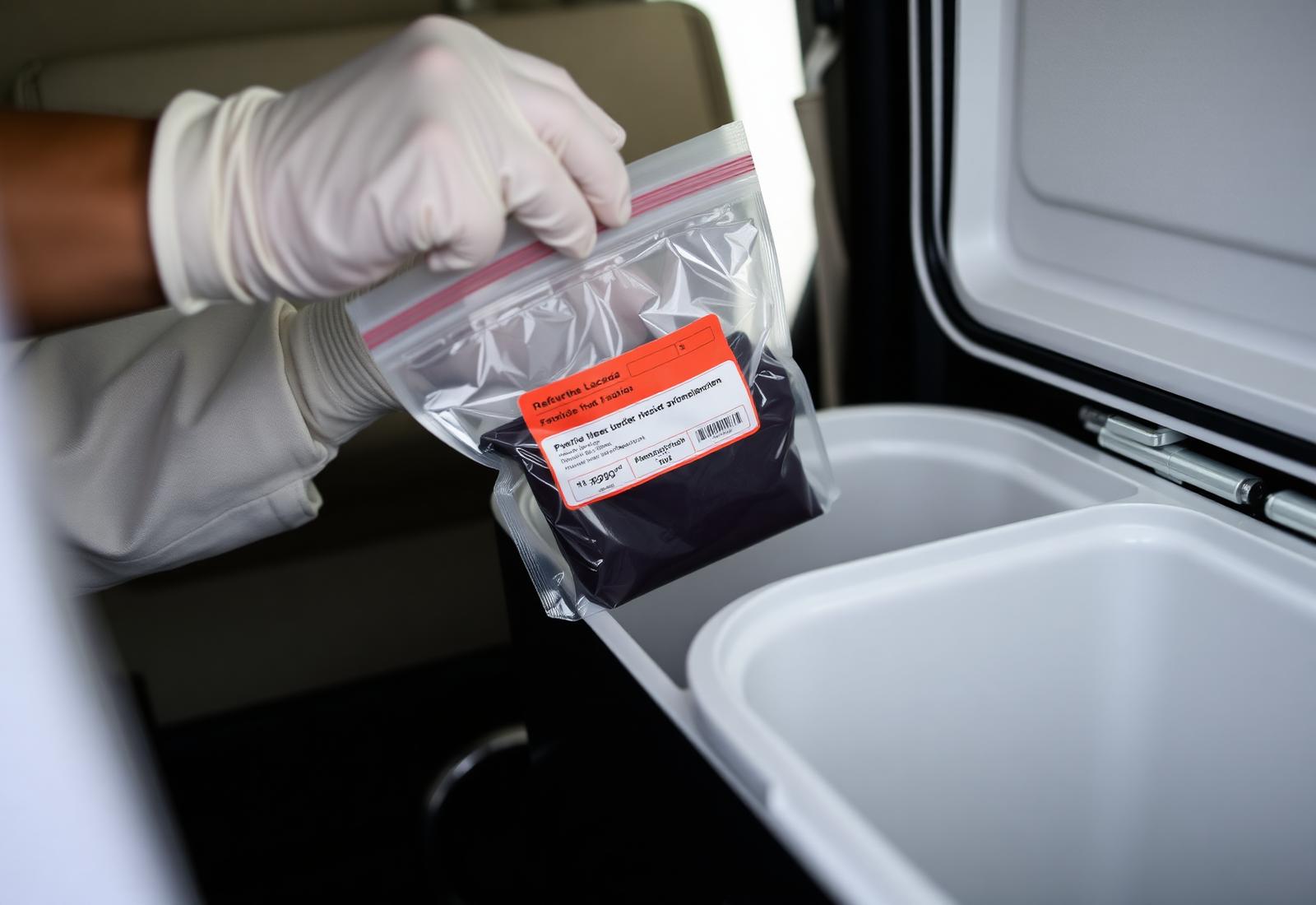 Gloved medical courier securing a specimen inside an insulated transport cooler